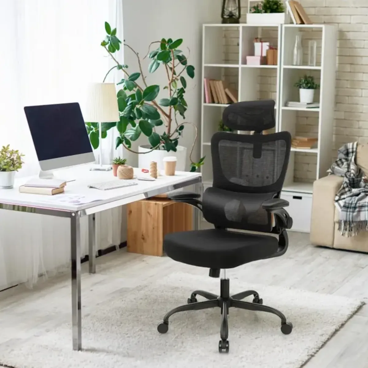 Hivvago Mesh Office Chair with Adaptive Lumbar Support  Flip-up Armrests  Reclining Backrest-Black