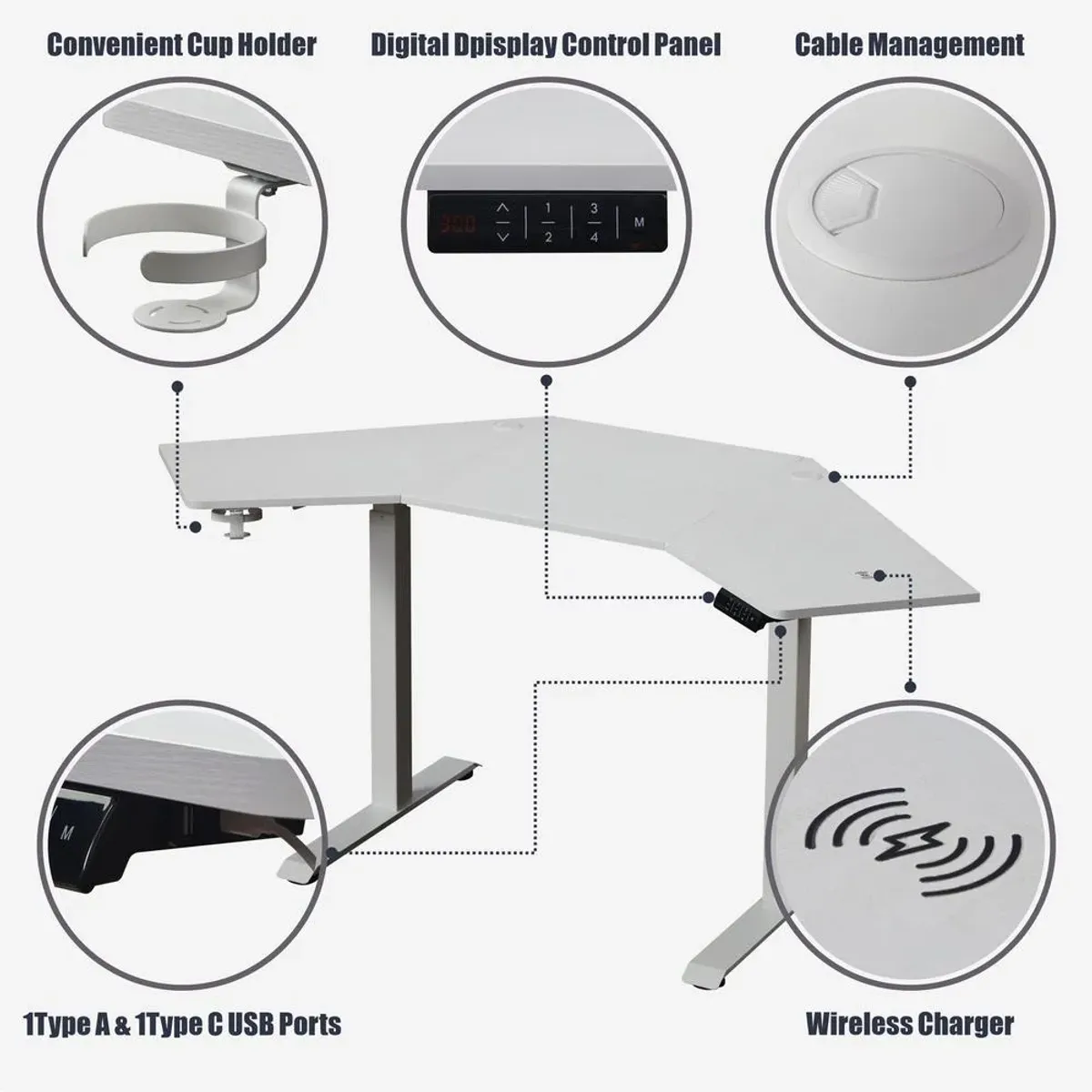 KOWO K314 Corner Electric Height Adjustable Standing Desk, White