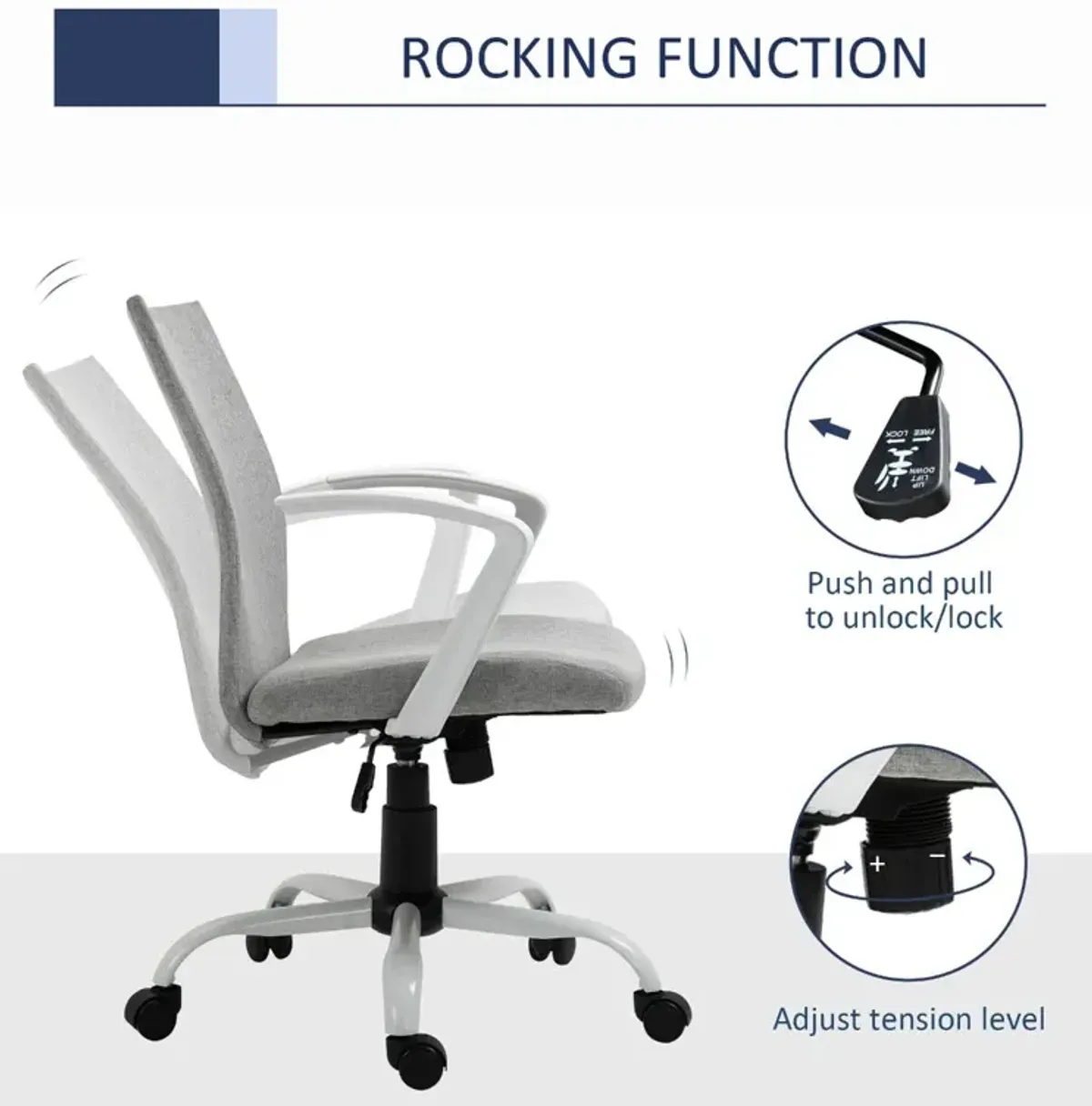 Light Grey/White Office Seat: Mid Back Chair with Rocking Function