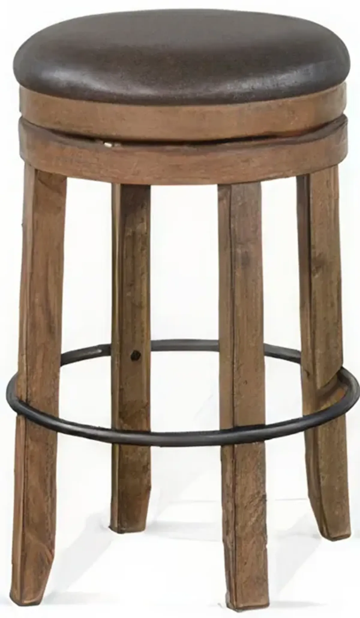Yael Swivel Backless Barstool Set of 2, Gray Faux Leather, Brown Wood - Benzara