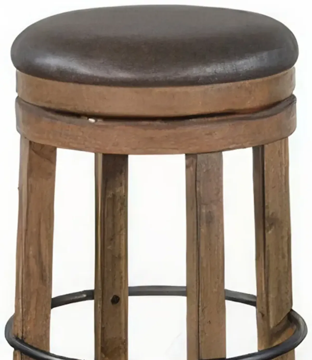 Yael Swivel Backless Barstool Set of 2, Gray Faux Leather, Brown Wood - Benzara