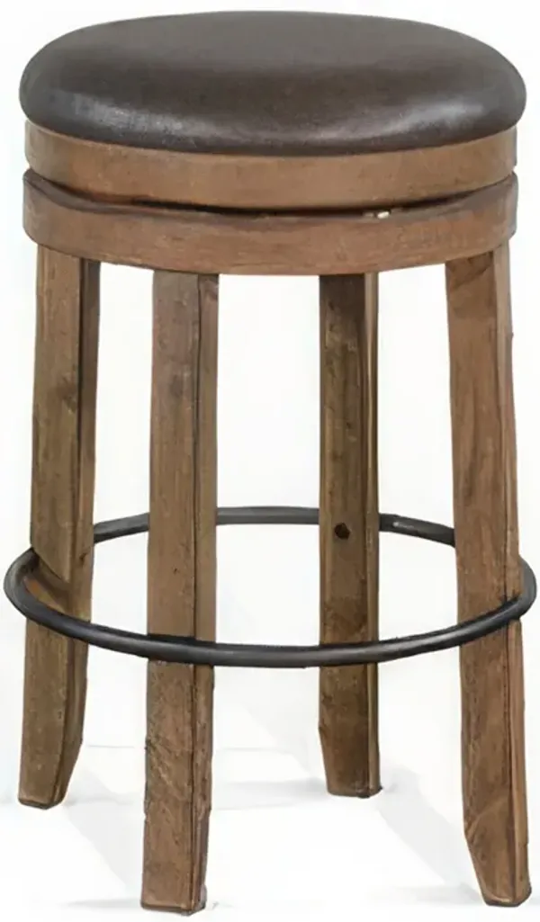Yael Swivel Backless Barstool Set of 2, Gray Faux Leather, Brown Wood - Benzara