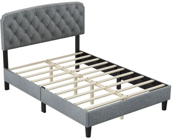 Full size Adjustable Headboard with Fine Linen Upholstery and Button Tufting for Bedroom, Wave Top Light Gray