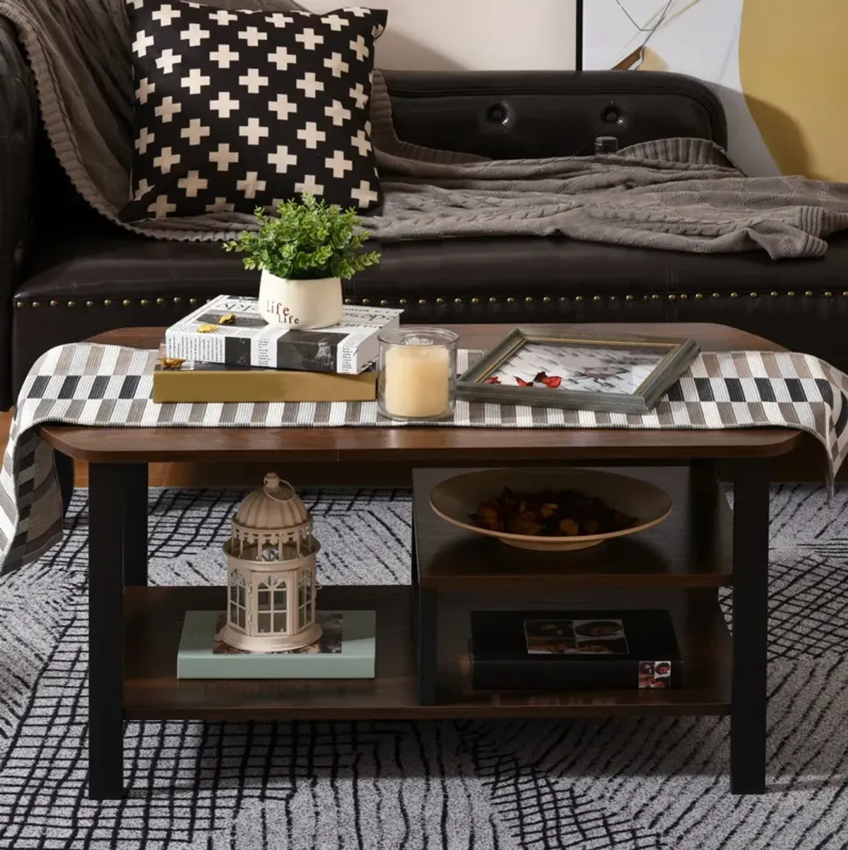 Dark Wood Vintage Table: Industrial Coffee Table with Storage