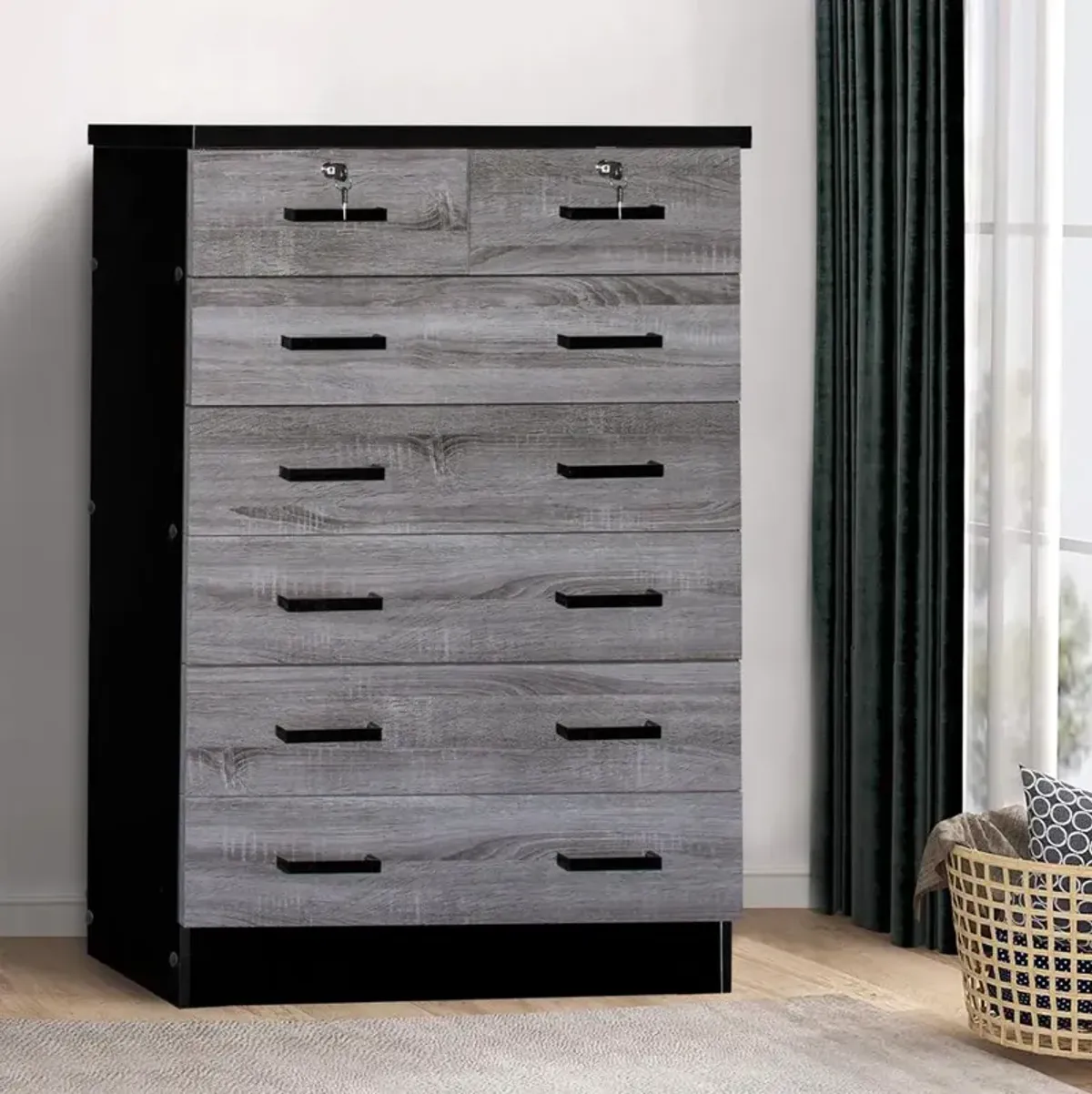 Better Home Products Cindy 7 Drawer Chest Wooden Dresser in Gray & Black