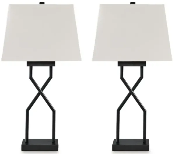 Table Lamp Set of 2, Empire Fabric Shade, Black Geometric Base w USB - Benzara