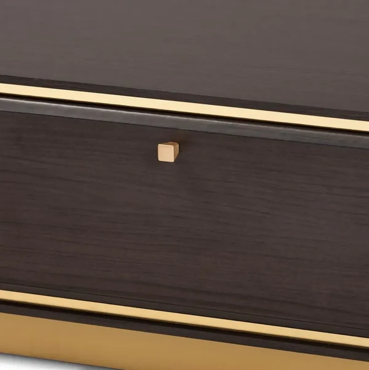 Transitional Dark Brown Finished Wood and Gold Metal 2-Drawer Coffee Table