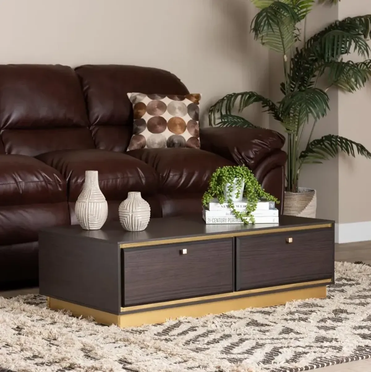 Transitional Dark Brown Finished Wood and Gold Metal 2-Drawer Coffee Table