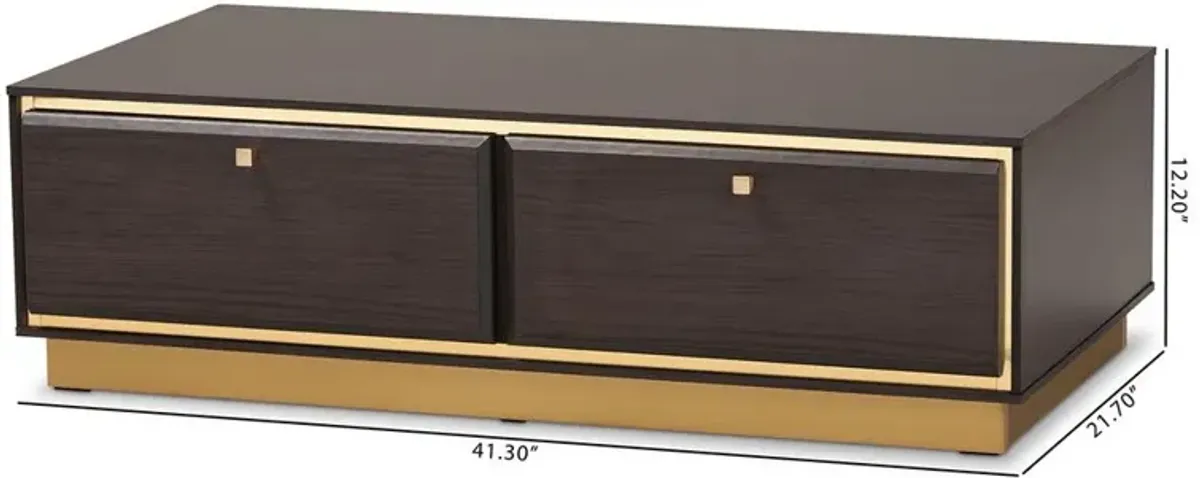 Transitional Dark Brown Finished Wood and Gold Metal 2-Drawer Coffee Table