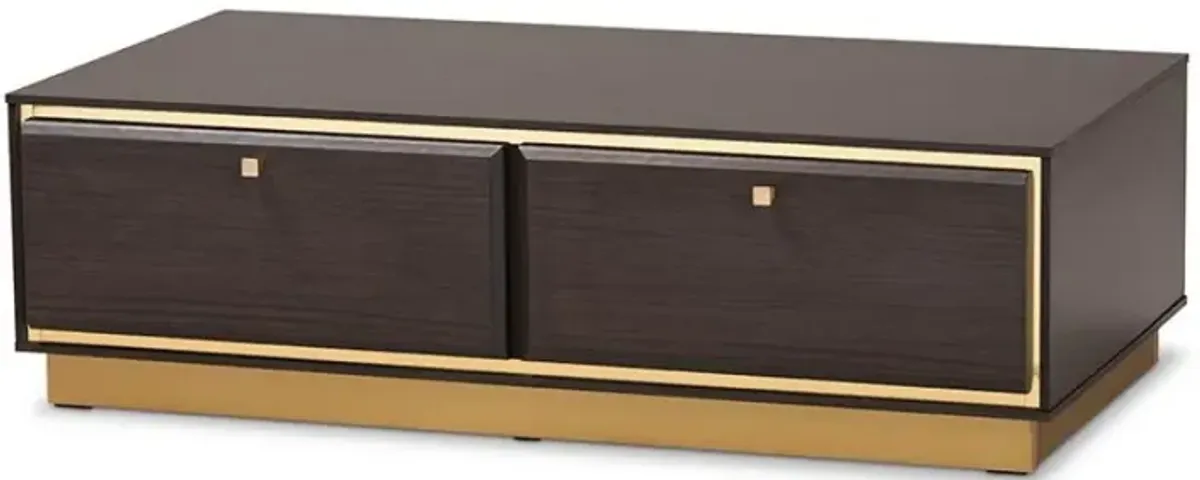 Transitional Dark Brown Finished Wood and Gold Metal 2-Drawer Coffee Table