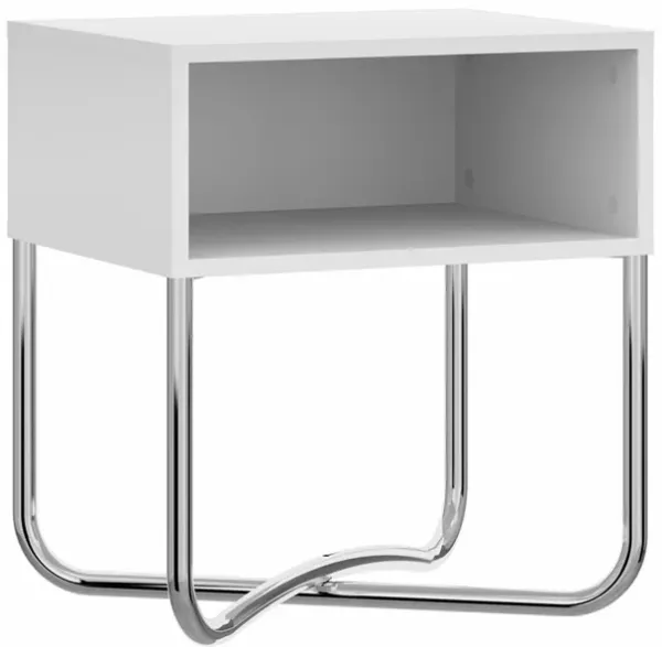Bedside Nightstand with Open Compartment and Tubular Metal Base, White and Chrome-Benzara