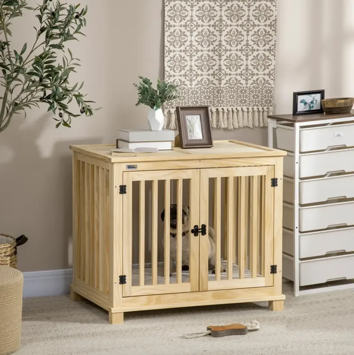 Natural Pet Furniture: Wooden Dog Crate End Table with Cushion