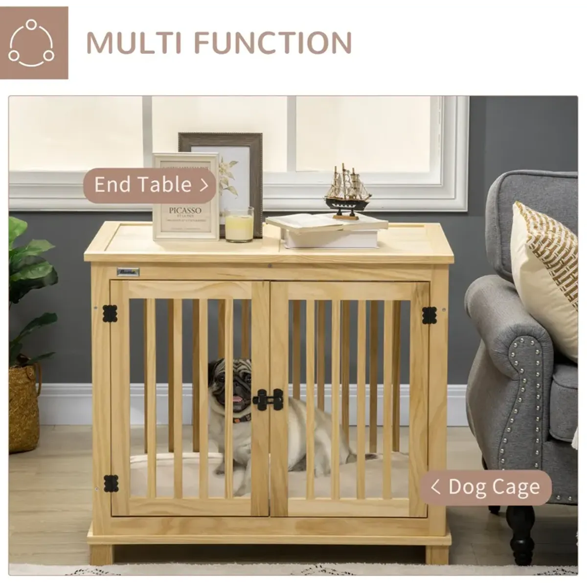 Natural Pet Furniture: Wooden Dog Crate End Table with Cushion