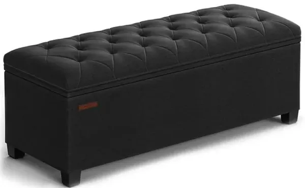 Neru 43 Inch Storage Ottoman Bench, Tufted Removable Top, Black Poly Linen - Benzara