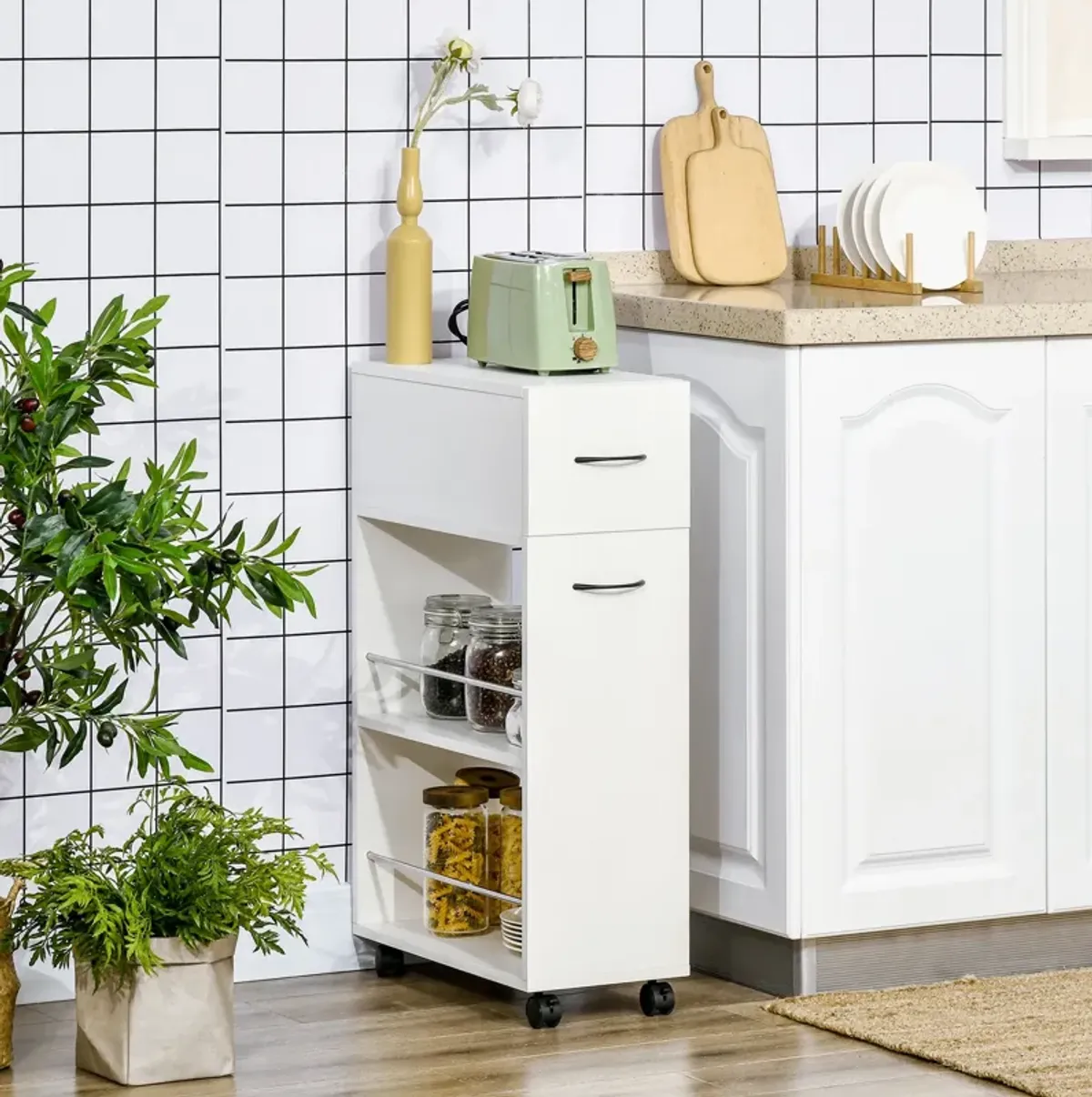 White Kitchen Helper: 3-Tier Slim Rolling Cart with Drawer & Shelves