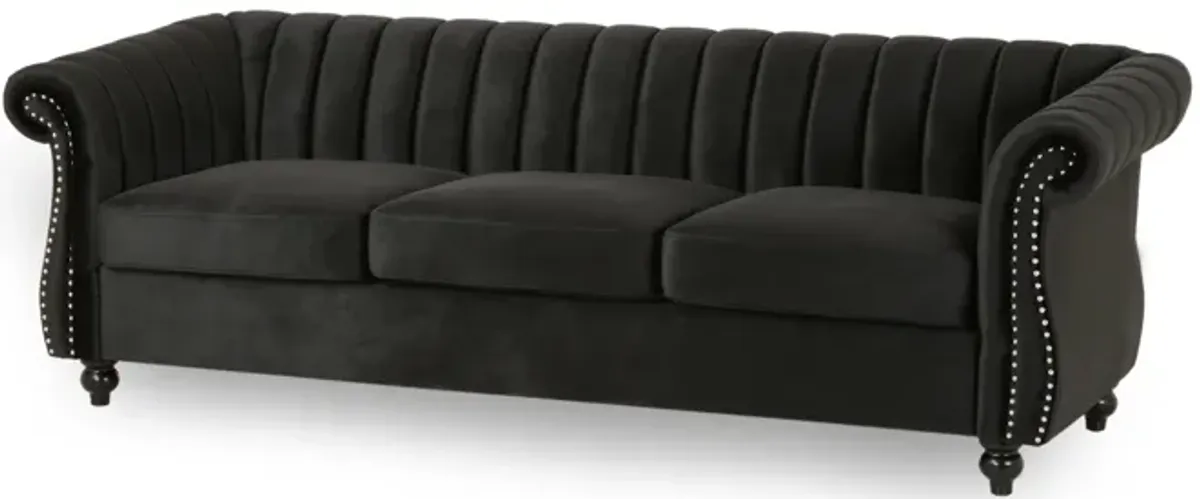 Omny Sofa, Nailhead Trim, Scroll Arms, Channel Tufted Black Velvet - Benzara