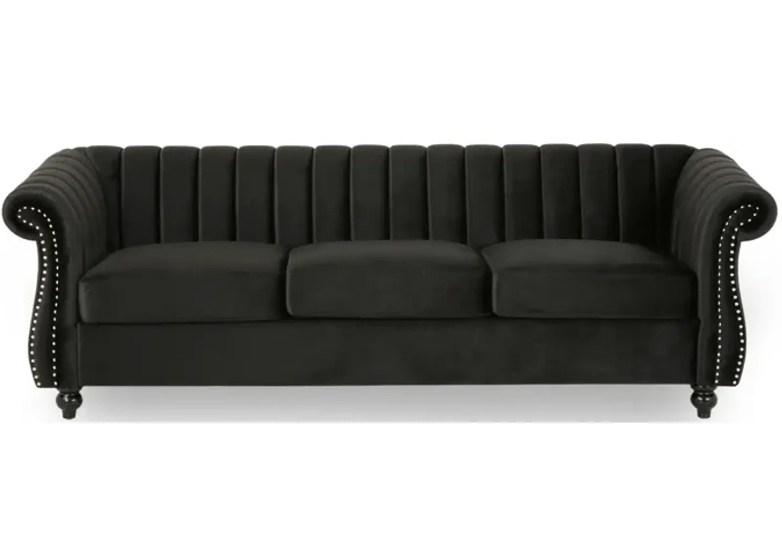 Omny Sofa, Nailhead Trim, Scroll Arms, Channel Tufted Black Velvet - Benzara