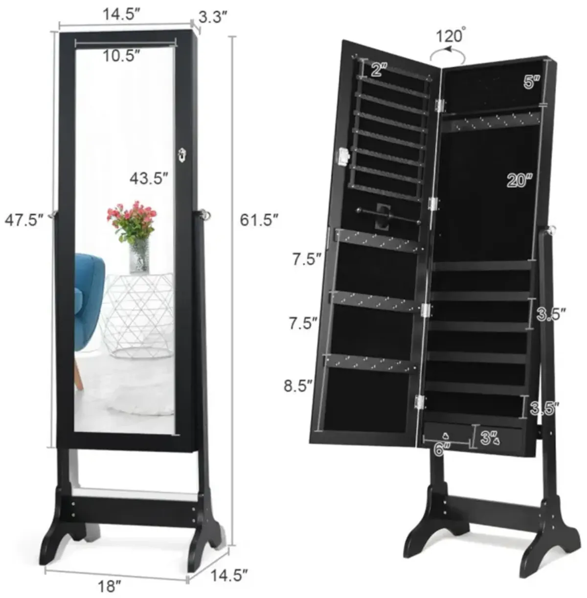 Hivvago Lockable Mirrored Jewelry Cabinet Armoire Storage Organizer Box