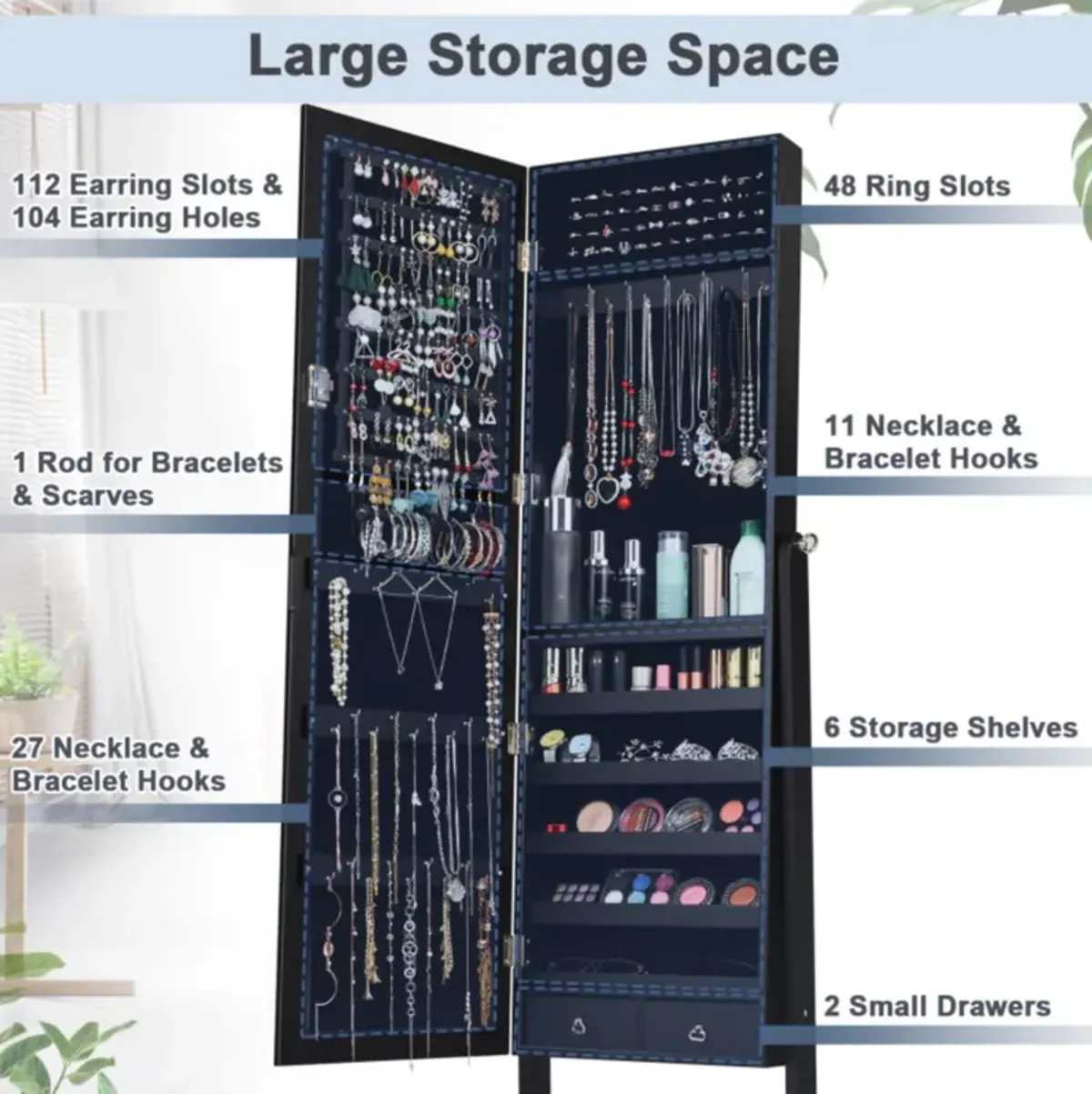 Hivvago Lockable Mirrored Jewelry Cabinet Armoire Storage Organizer Box