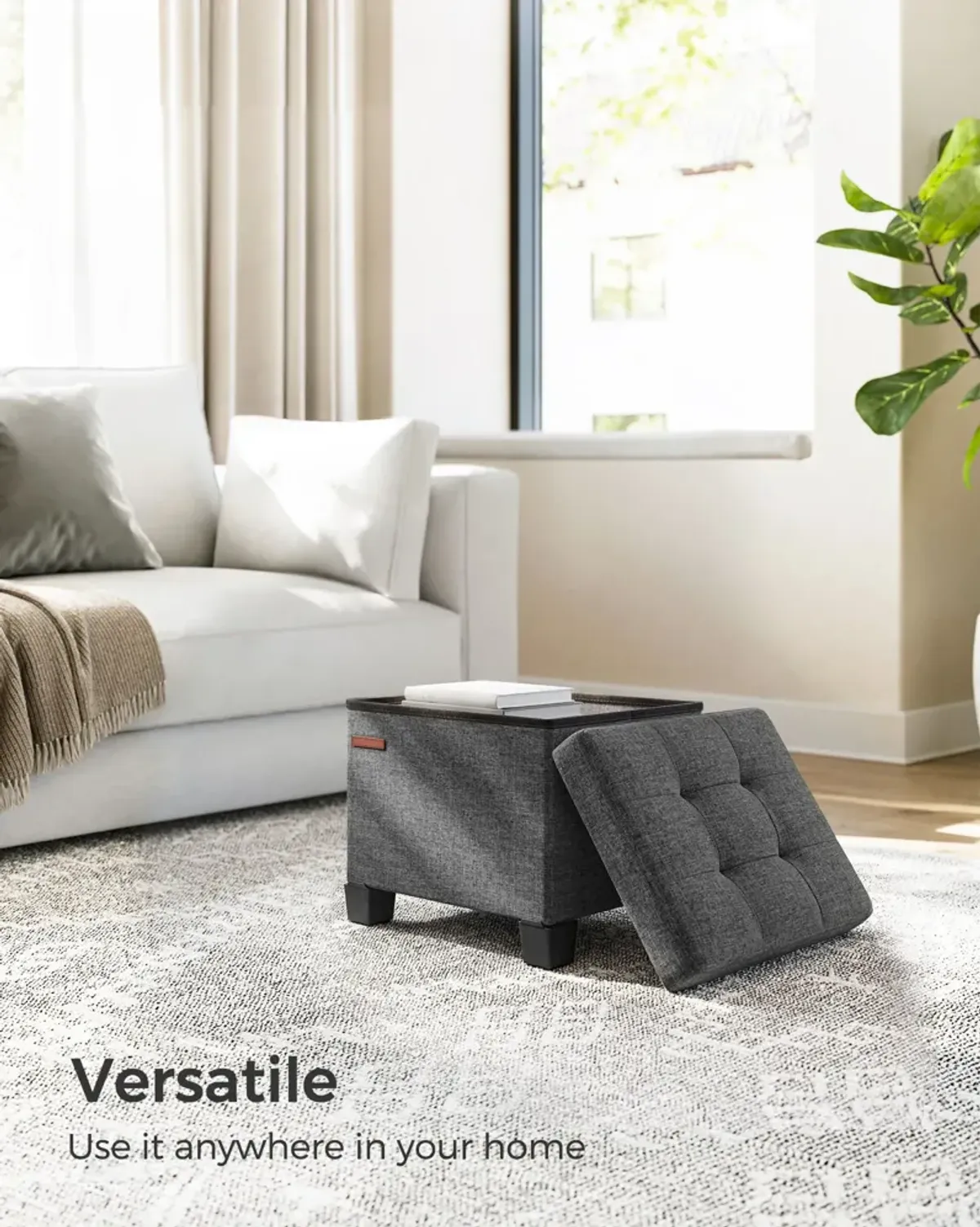 Collapsible Cube Storage Ottoman Foot Stool Comfortable Seat with Wooden Feet and Lid, Soft Padding