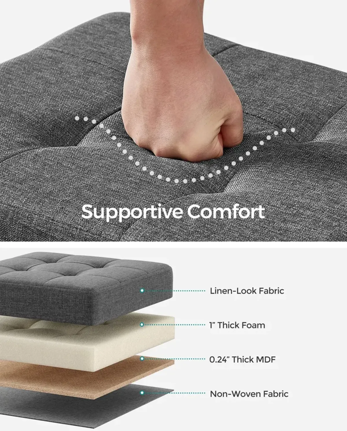 Collapsible Cube Storage Ottoman Foot Stool Comfortable Seat with Wooden Feet and Lid, Soft Padding