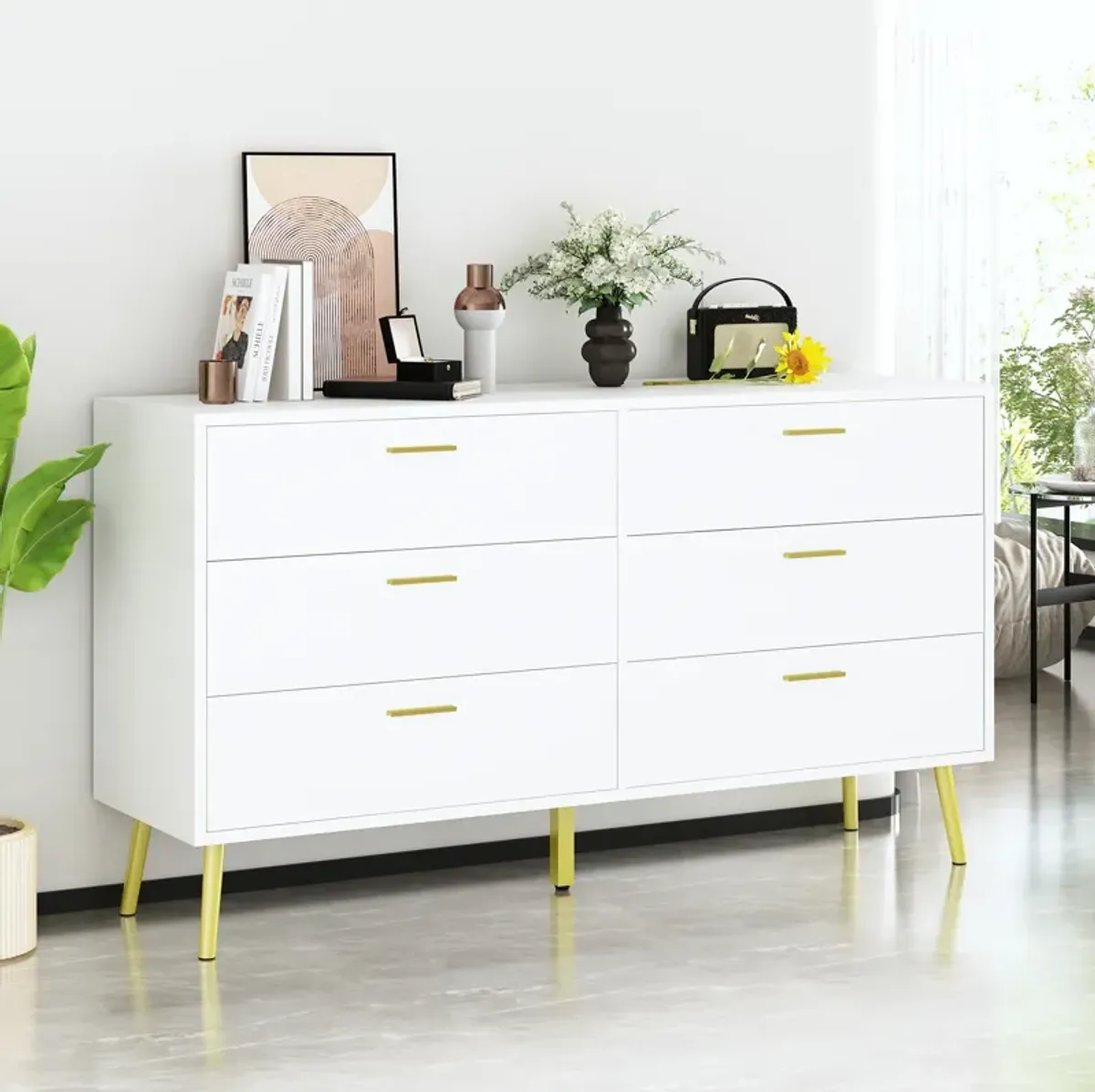 6-Drawers White Wood Chest of Drawer Accent Storage Cabinet Organizer With Metal Leg 54.1 in. W x 15.6 in. D