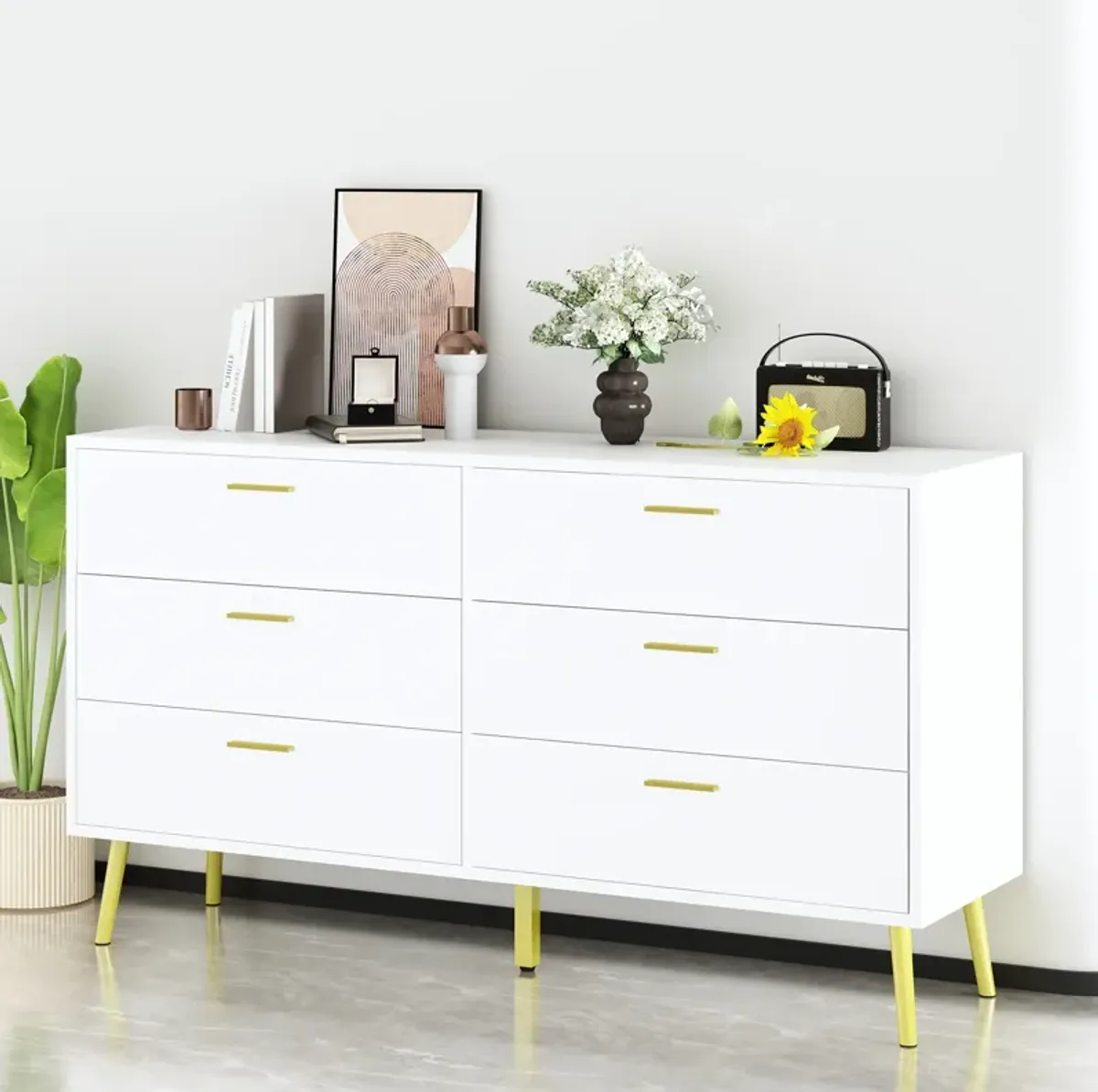 6-Drawers White Wood Chest of Drawer Accent Storage Cabinet Organizer With Metal Leg 54.1 in. W x 15.6 in. D