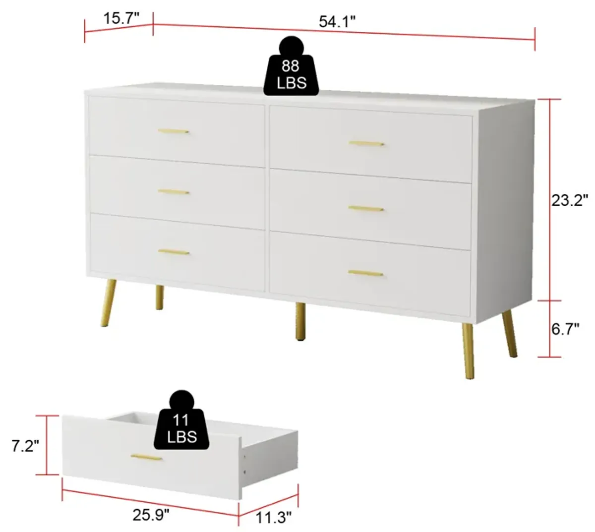 6-Drawers White Wood Chest of Drawer Accent Storage Cabinet Organizer With Metal Leg 54.1 in. W x 15.6 in. D