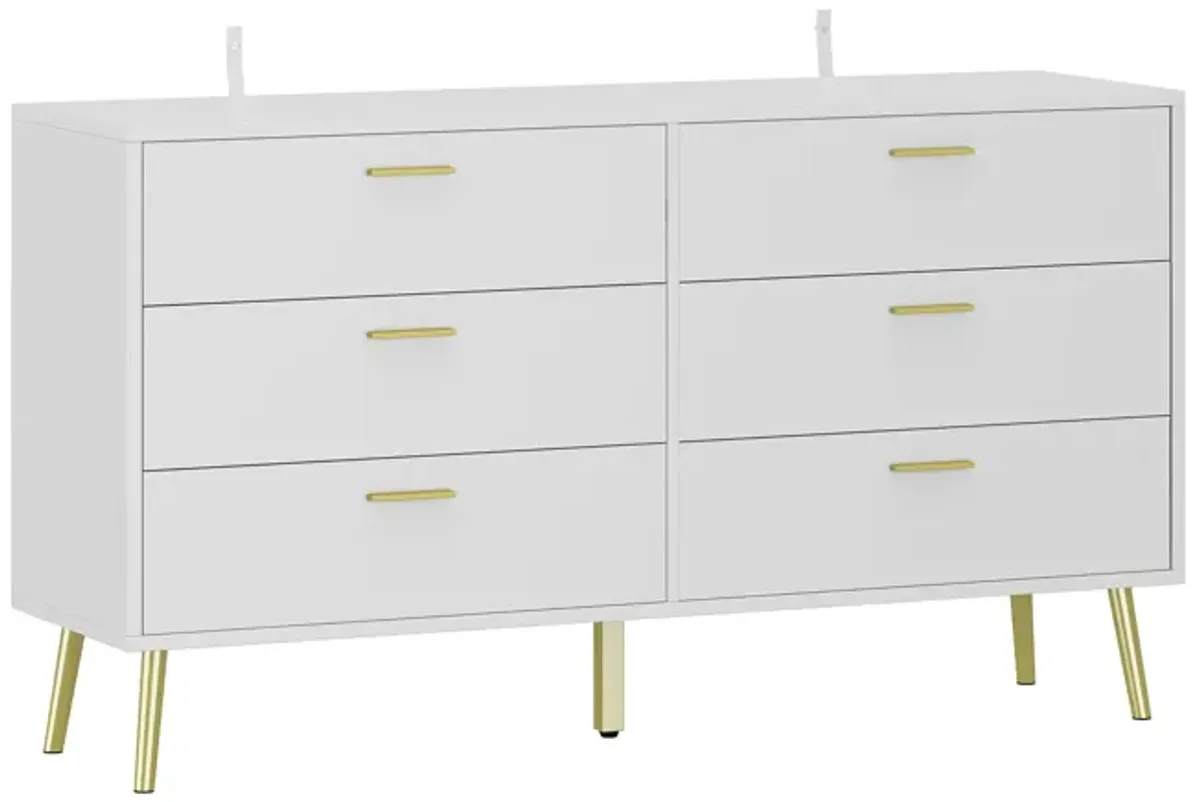 6-Drawers White Wood Chest of Drawer Accent Storage Cabinet Organizer With Metal Leg 54.1 in. W x 15.6 in. D