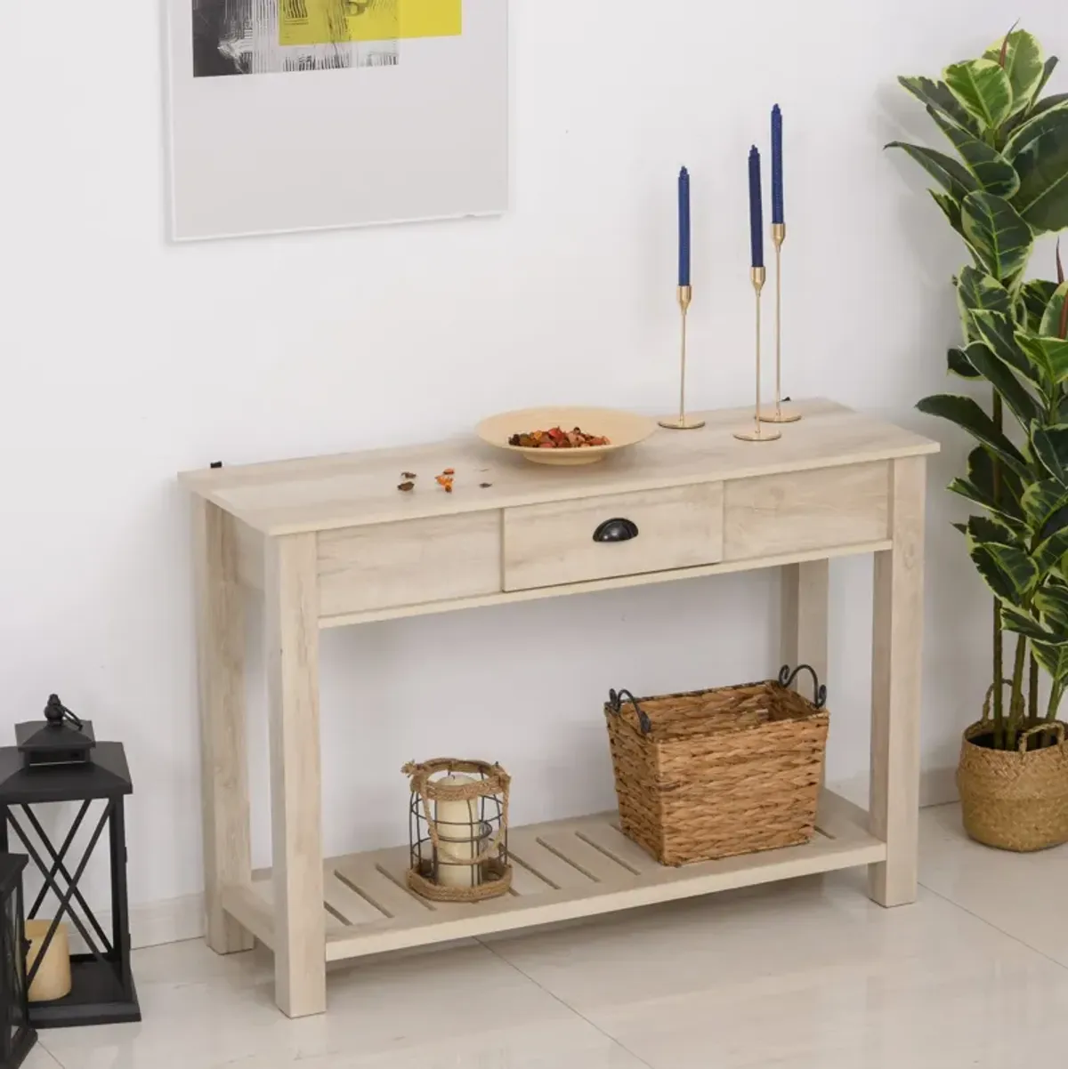 White Oak Entryway Table: Console with Drawer and Bottom Shelf