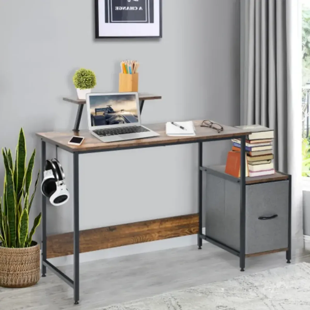 Computer Desk with Reversible Storage Drawer and Moveable Shelf-Brown