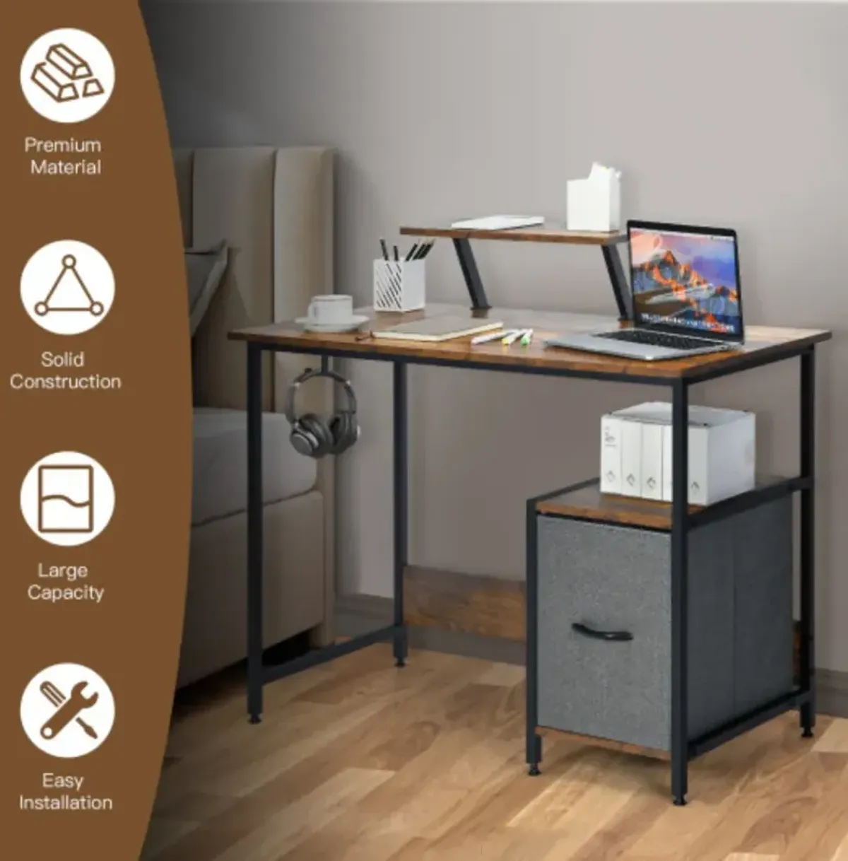 Computer Desk with Reversible Storage Drawer and Moveable Shelf-Brown