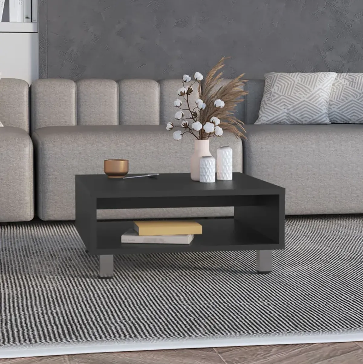 Chiniak Coffee Table 10.6" H, 1 shelf, 4 legs, Black