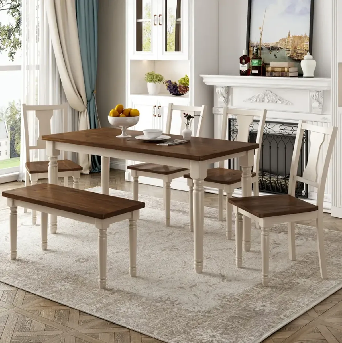 Classic 6-Piece Dining Set Wooden Table And 4 Chairs With Bench For Kitchen Dining Room