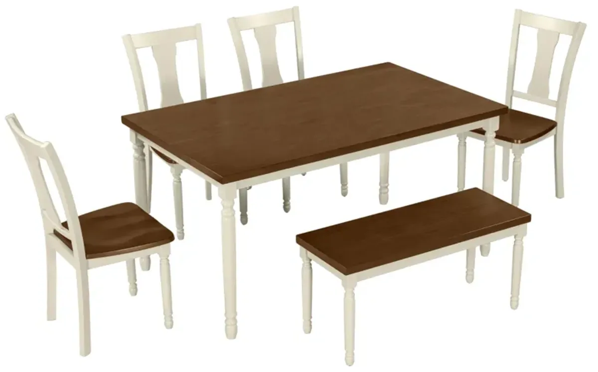 Classic 6-Piece Dining Set Wooden Table And 4 Chairs With Bench For Kitchen Dining Room