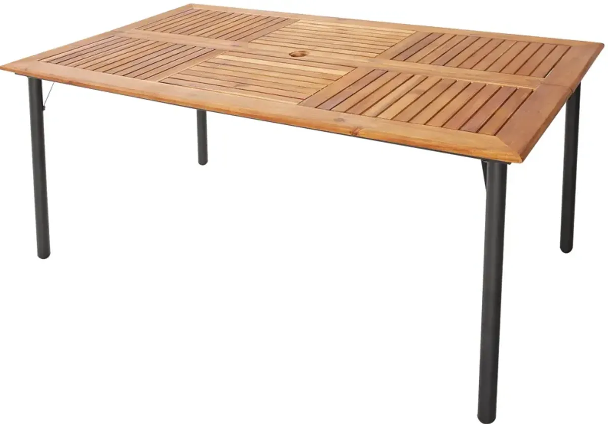 Patio Acacia Wood Dining Table with Umbrella Hole and Metal Legs