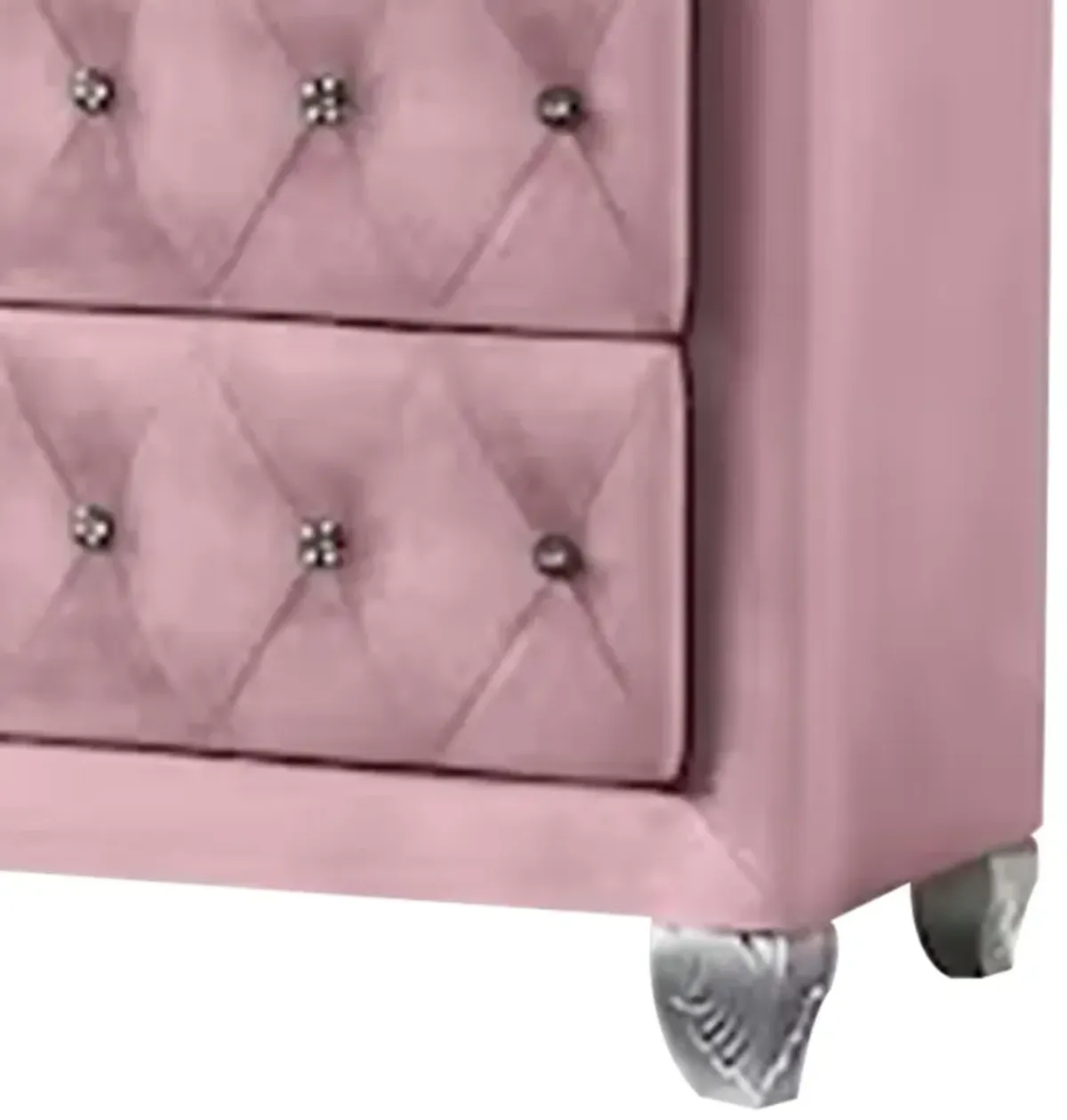 Benjara Zoha 49 Inch Tall Dresser Chest, 5 Drawer, Cabriole Legs, Upholstery, Pink and Silver