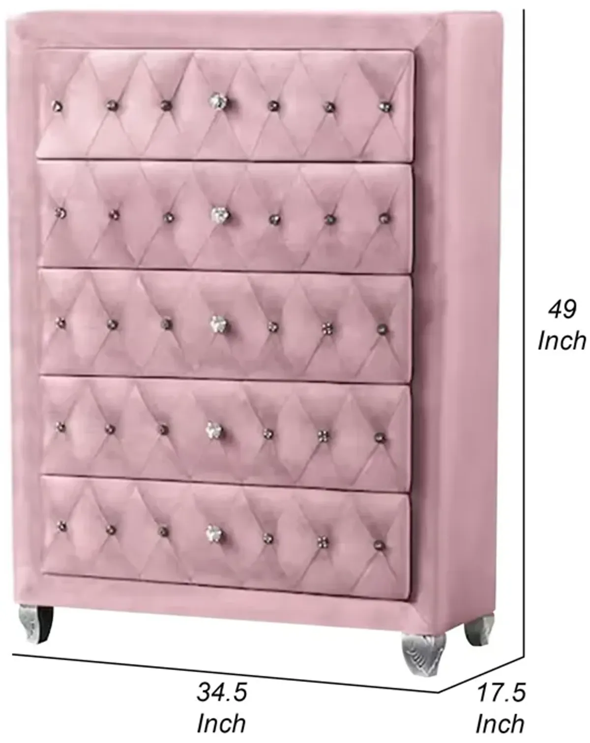 Benjara Zoha 49 Inch Tall Dresser Chest, 5 Drawer, Cabriole Legs, Upholstery, Pink and Silver