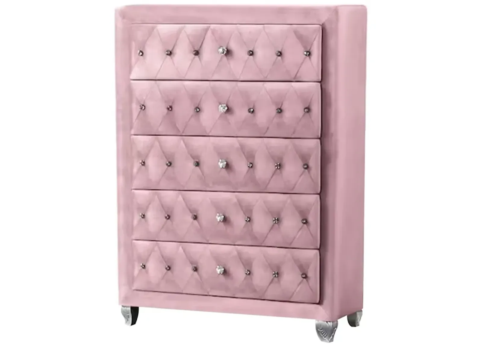 Benjara Zoha 49 Inch Tall Dresser Chest, 5 Drawer, Cabriole Legs, Upholstery, Pink and Silver