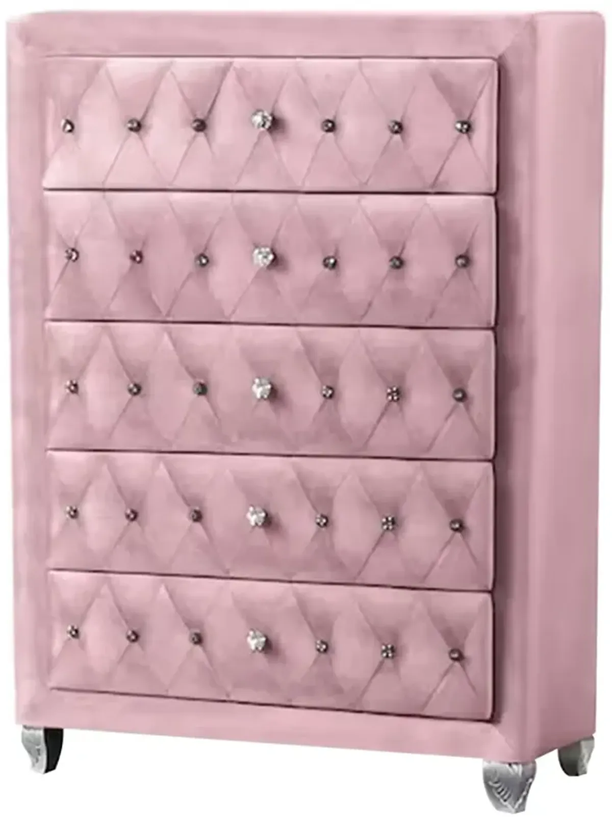 Benjara Zoha 49 Inch Tall Dresser Chest, 5 Drawer, Cabriole Legs, Upholstery, Pink and Silver