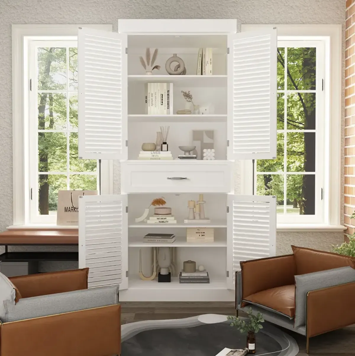 White Paint Wood Storage Cabinet With 4-Shutter Doors, Drawers and Adjustable Shelves For Office, Kitchen