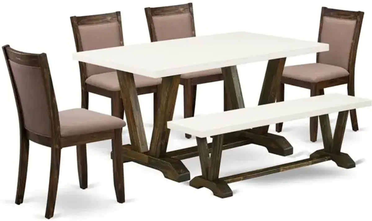 V726MZ748-6 - 6-Pc Dining Set - 4 Parson Dining Chairs, a Dining Bench and 1 Dining Table (Distressed Jacobean Finish)