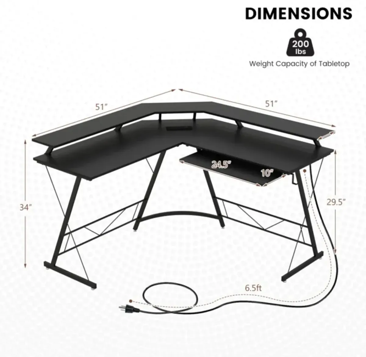 Hivvago L-shaped Computer Desk with Power Outlet and Monitor Stand