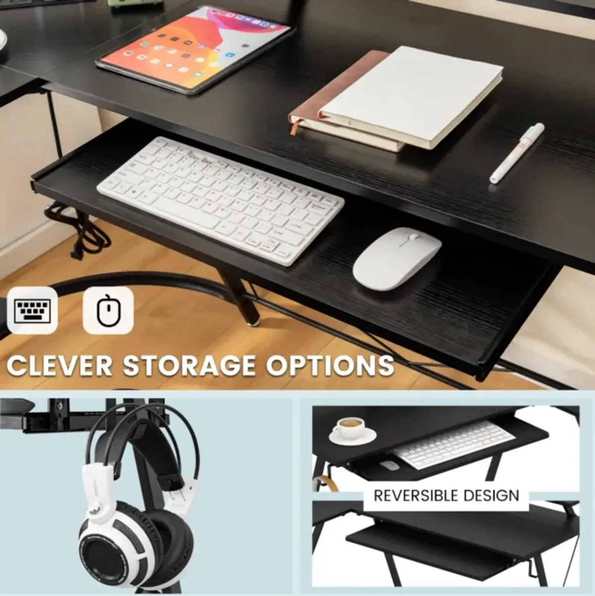 Hivvago L-shaped Computer Desk with Power Outlet and Monitor Stand