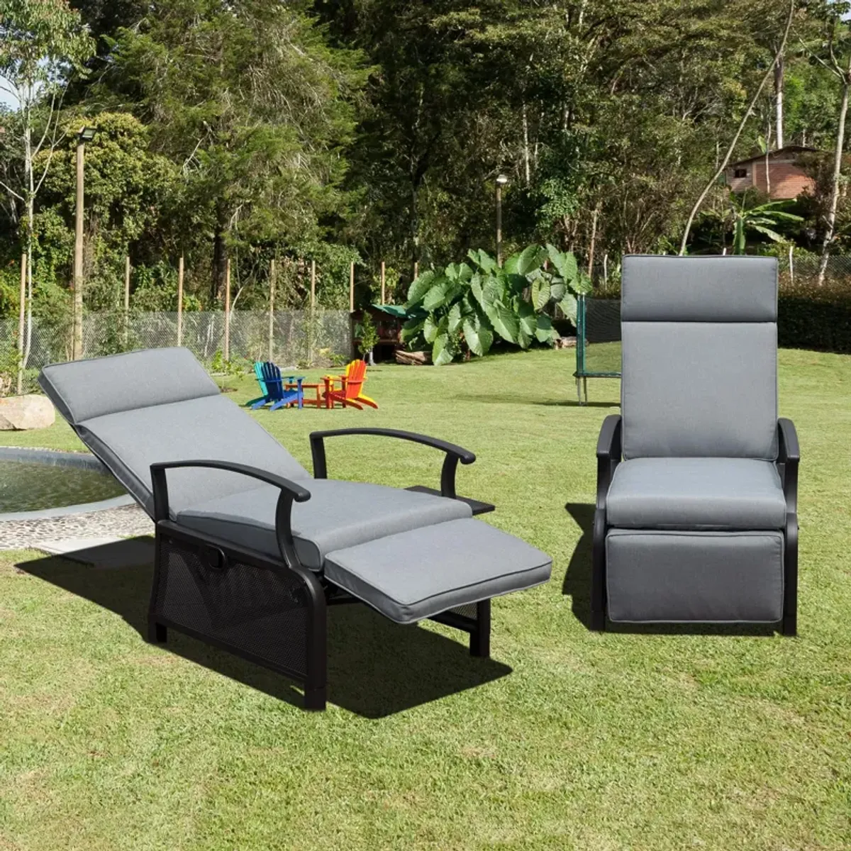 MONDAWE Adjustable Patio Recliner Chair Metal Outdoor Lounge Chair with Flip Table Push Back, Adjustable Angle, With Removable Cushions