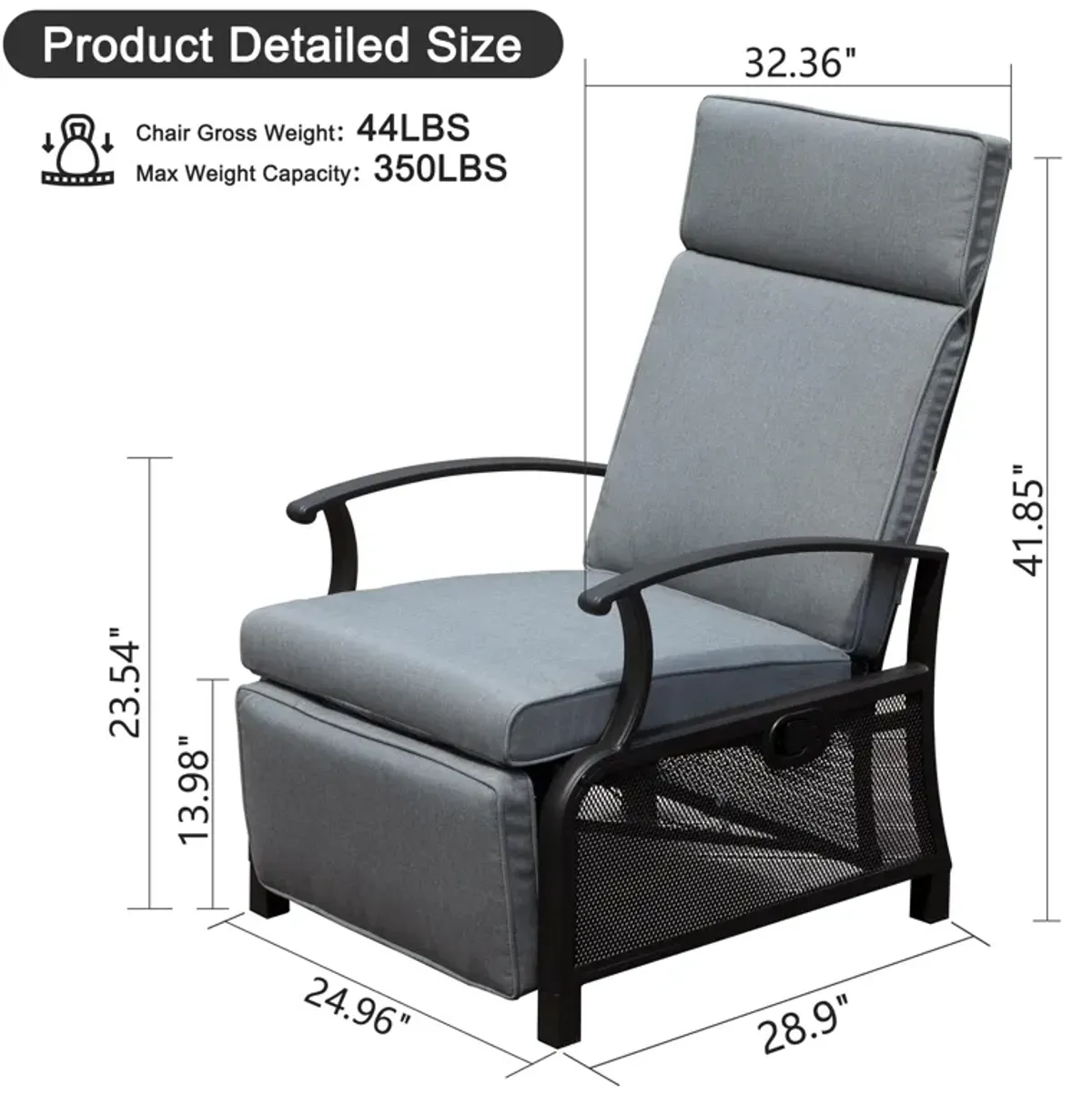 MONDAWE Adjustable Patio Recliner Chair Metal Outdoor Lounge Chair with Flip Table Push Back, Adjustable Angle, With Removable Cushions