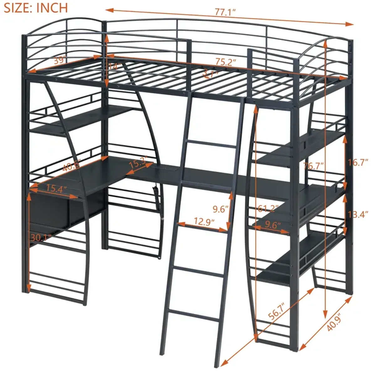 Merax Metal Frame Loft Bed with 4 Layers of Shelves