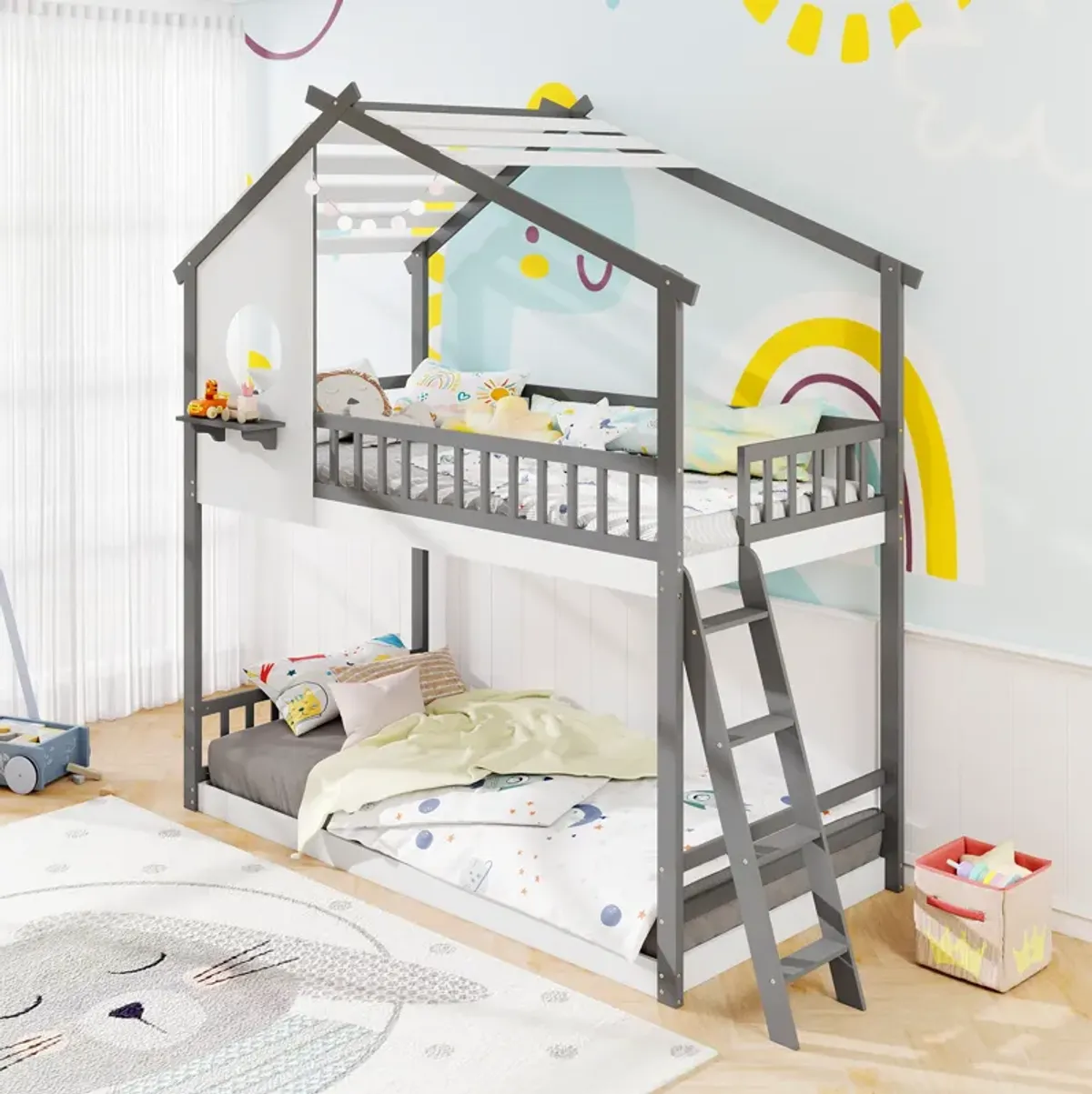 House-Style Bunk Bed with Roof and Guardrails – Safe & Whimsical Kids Sleeping Solution