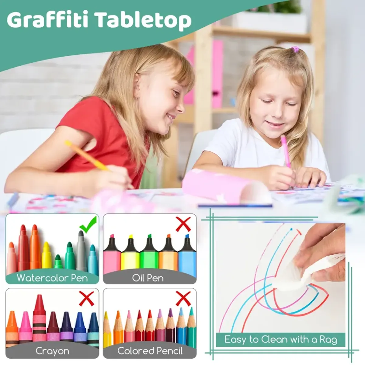 Kids Table and Chairs Set for 4 with Graffiti Desktop