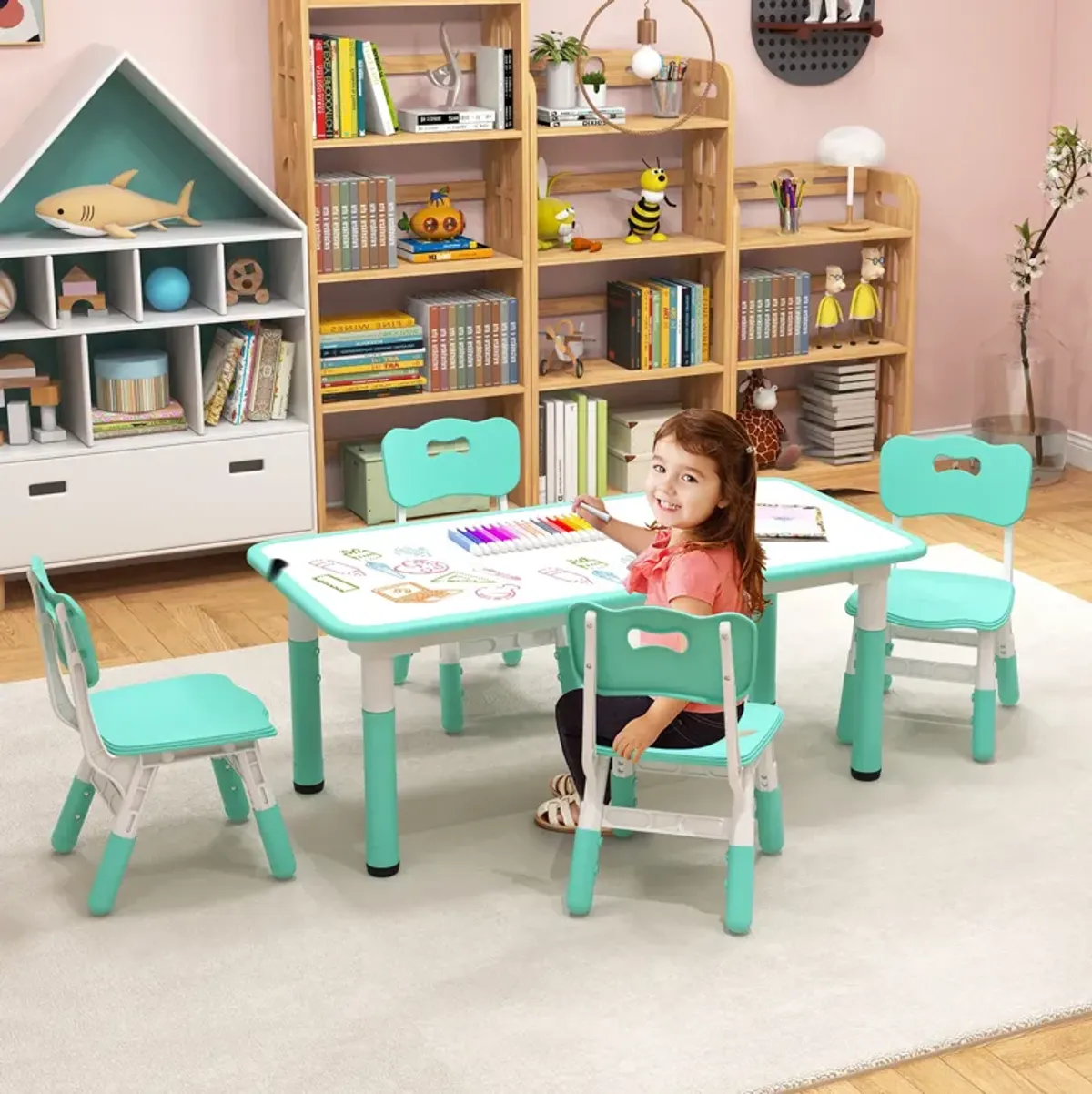 Kids Table and Chairs Set for 4 with Graffiti Desktop